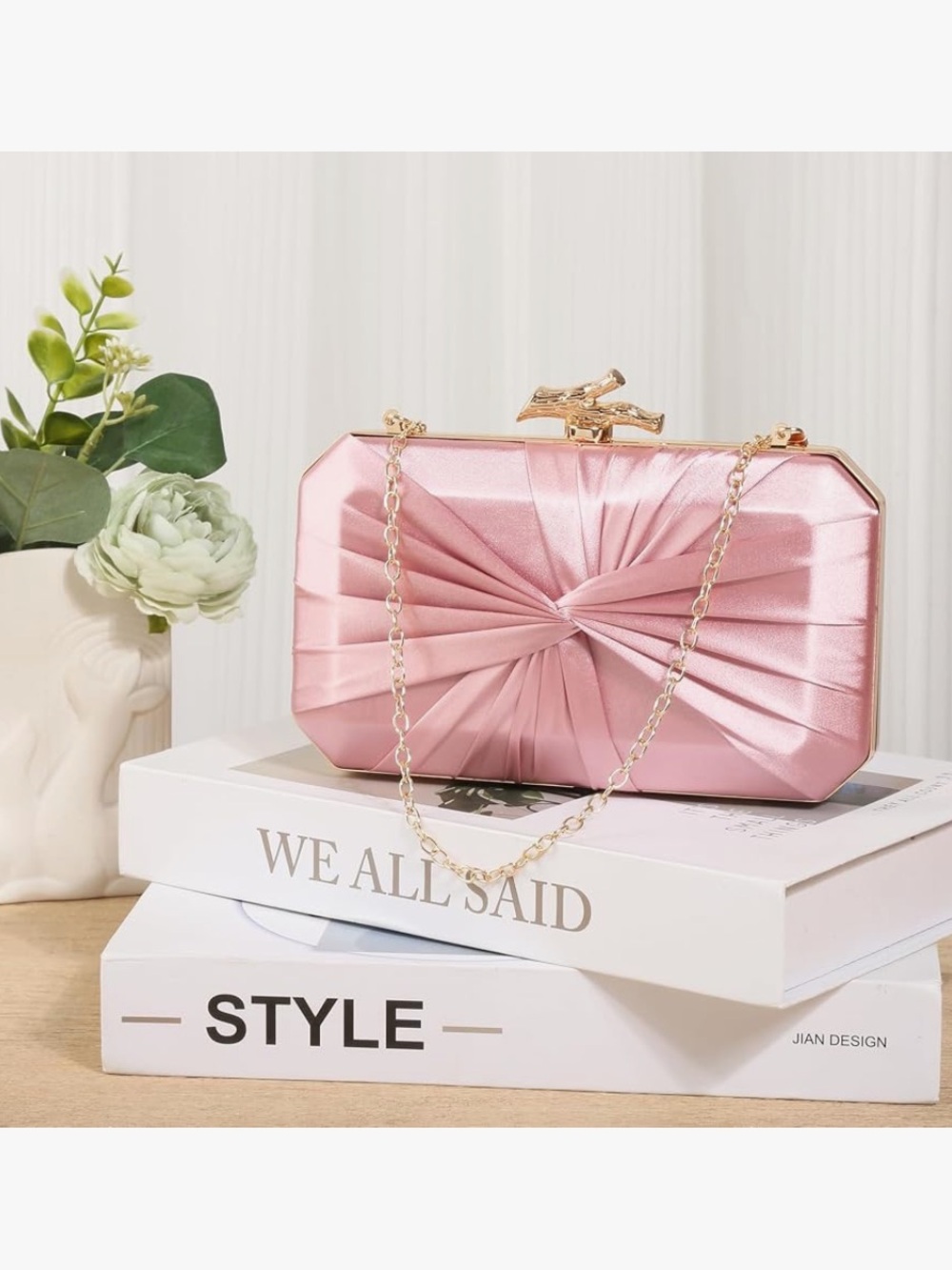 Elegant Pink Satin Knot Clutch with Gold Chain NWT
